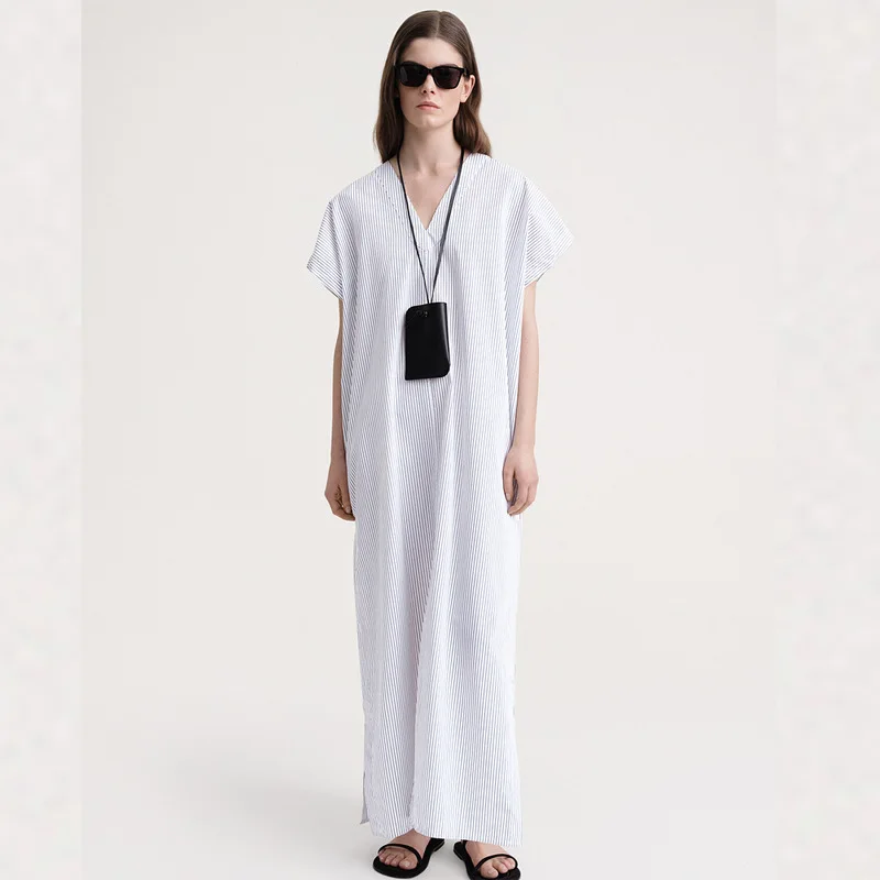 2023 Spring  Summer New Dress Women Retro Temperament V-neck Striped Mid-length Short-sleeved Dress
