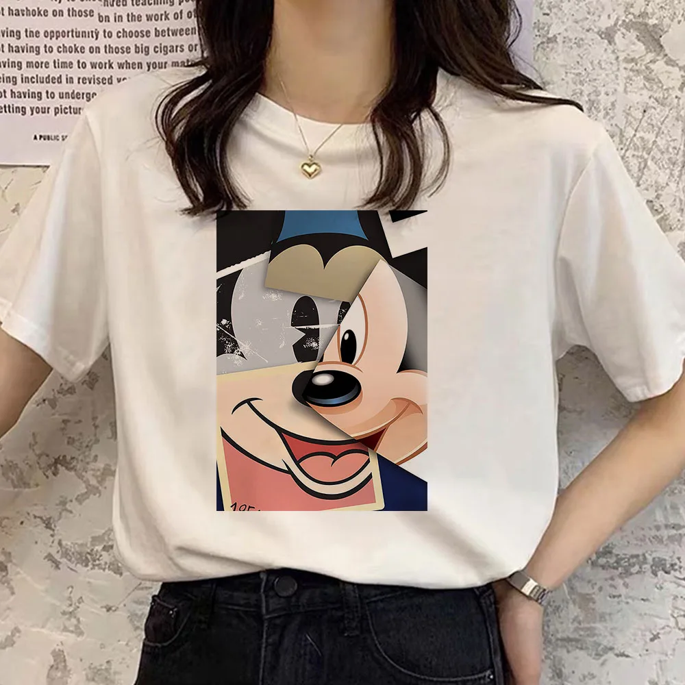 

Disney Brand Mickey Creative Graphic Print Women's White Round Neck Short Sleeve T Shirt Harajuku Loose Fit Cotton T-Shirt Kawai