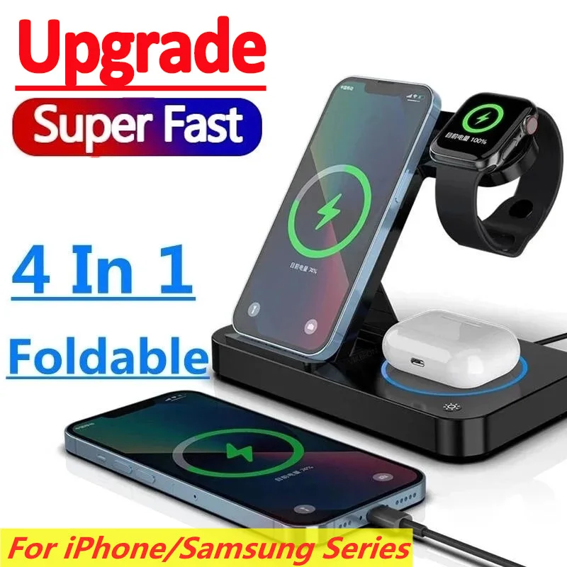 

15W 4 In 1 Foldable Wireless Charging Station for IPhone 14 13Pro Apple Watch 7/6 for Samsung Galaxy Watch Chargers 4/3 S22 S21