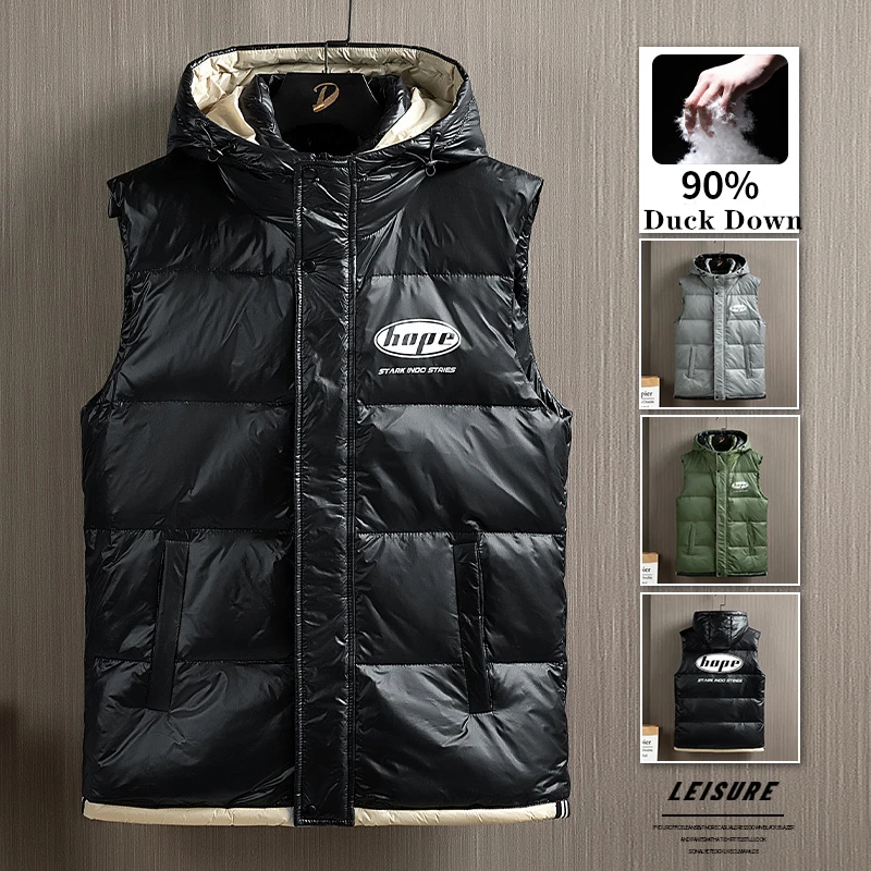 Winter Down Vests Men 90% Duck Down Hooded Vests Solid Warm Sleeveless Waistcoat Homme Printed Casual Parkas Men Clothing