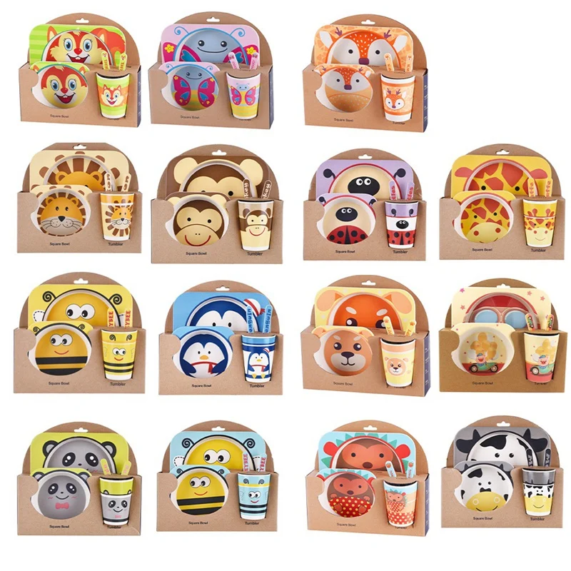 

5Pcs Baby Natural Bamboo Tableware Bamboo Bowl Baby Feeding Tableware Children Cute Cartoon New Year Gift Bowl Set