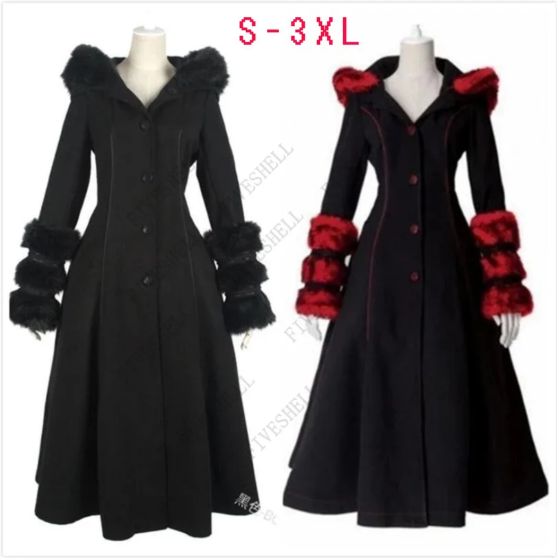 

Women Vintage Winter Dress Medieval Gothic Fur Hood Long Woolen Jacket Bandage Witch Steampunk Coats Halloween cosplay Costume