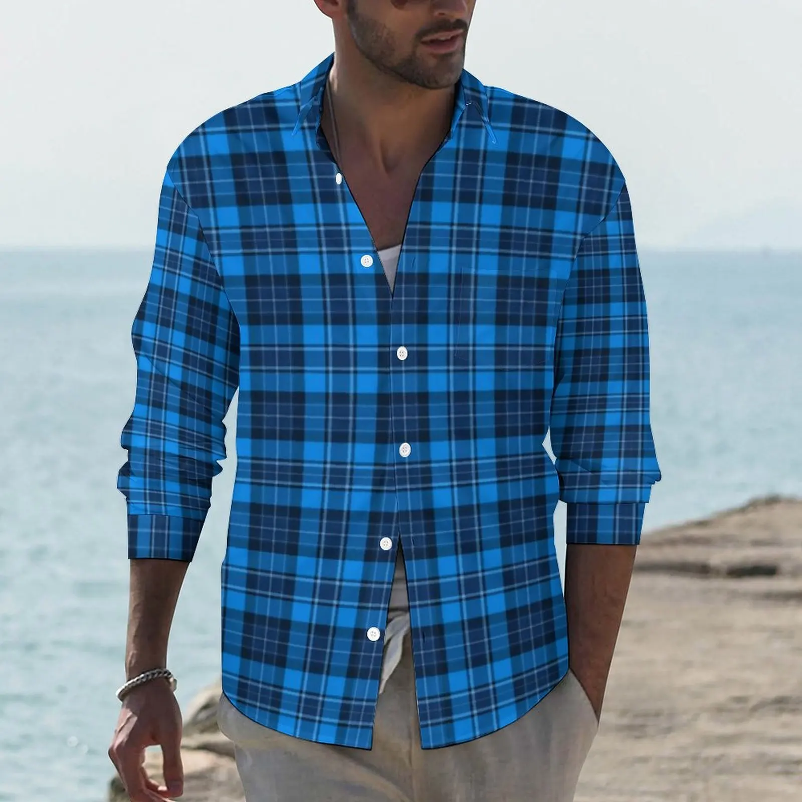 

Blue Tartan Plaid Casual Shirts Men Vintage Print Shirt Long Sleeve Fashion Street Style Blouses Spring Custom Clothes 3XL 4XL