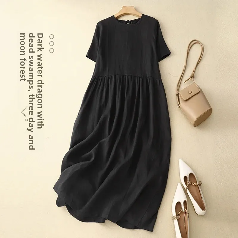 Женское платье из хлопка и льна простое свободное однотонное с круглым вырезом