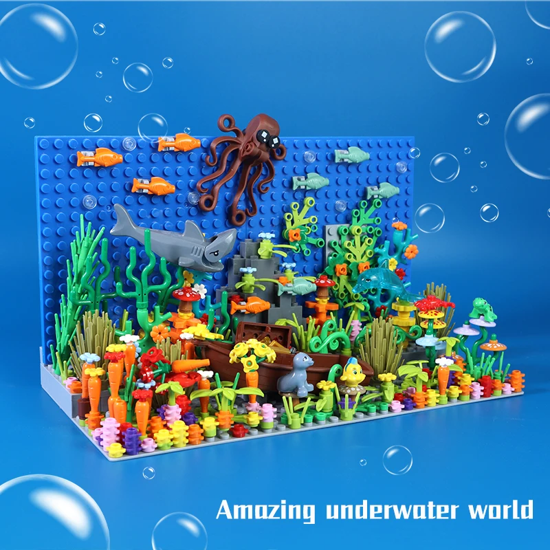 

Underwater World Creative Blocks Set MOC Building Blocks Cute Animals Shark Octopus Seaweed Animal City Bricks Parts Kids Toys