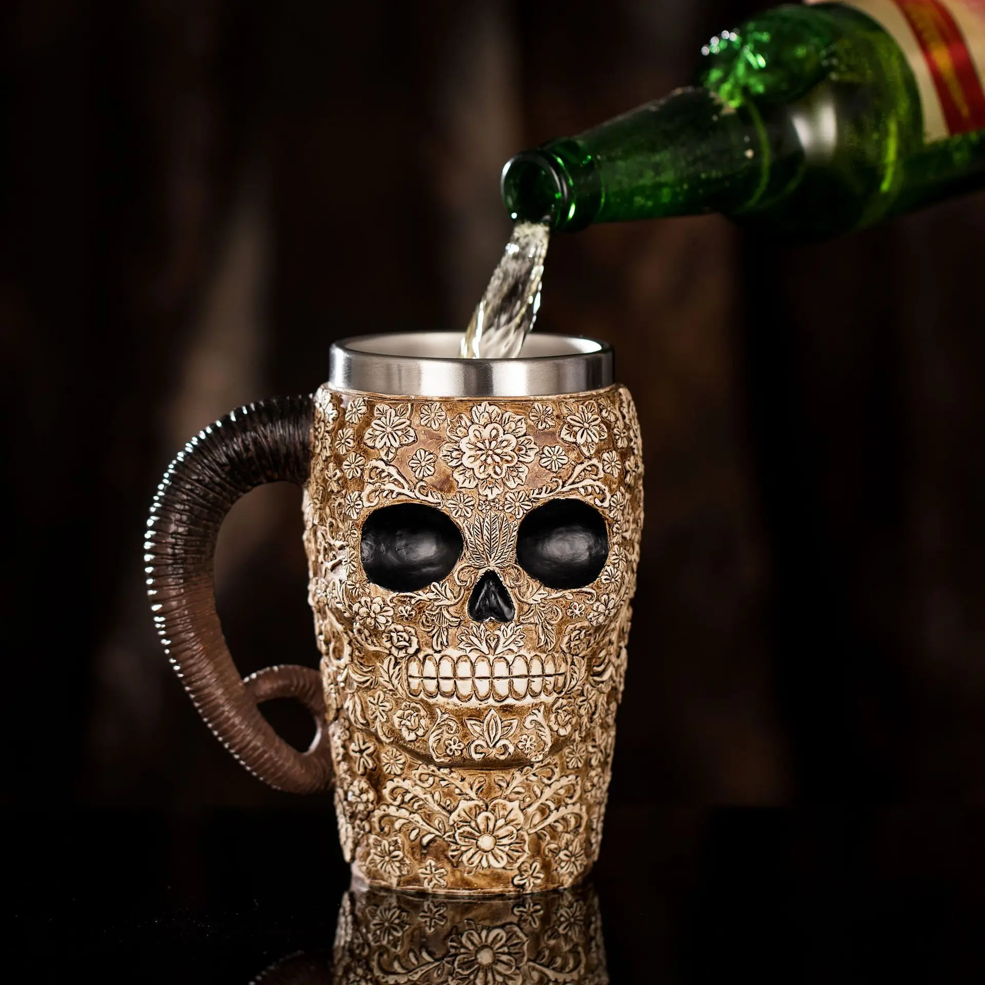 

3D кружка в виде черепа, рога, чашка викингов, креативная пивная кружка из полимерной нержавеющей стали, кофейная чашка, персонализированная кружка, кружка для питья с двойными стенками