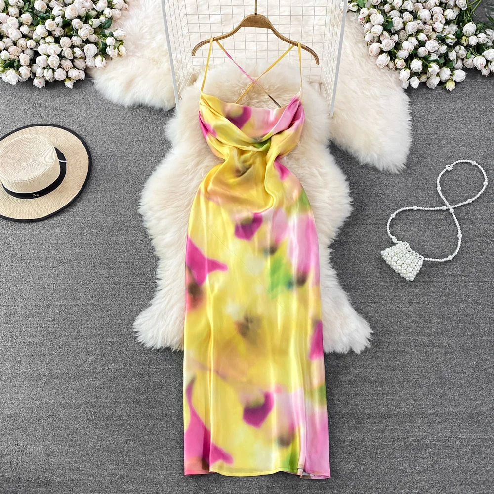 

2022 женское осеннее сексуальное длинное платье на бретельках с открытой спиной для морского курорта атласное платье с принтом с галстуком-к...