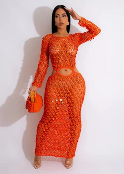 Sexy Shinny Sequined Knitted Long Dress Women Summer 2023 Elegant Hollow Out See Through Club Beach Cover Maxi Dresses Y2K Robe 1