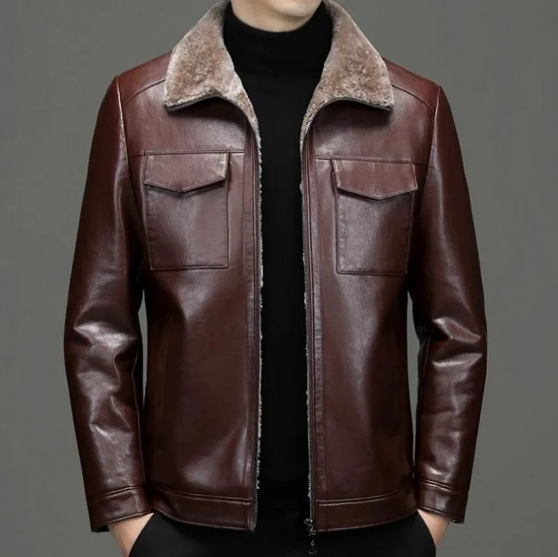 

Осенне-зимнее мужское кожаное пальто из микрофибры плюшевая утепленная меховая однотонная деловая повседневная куртка