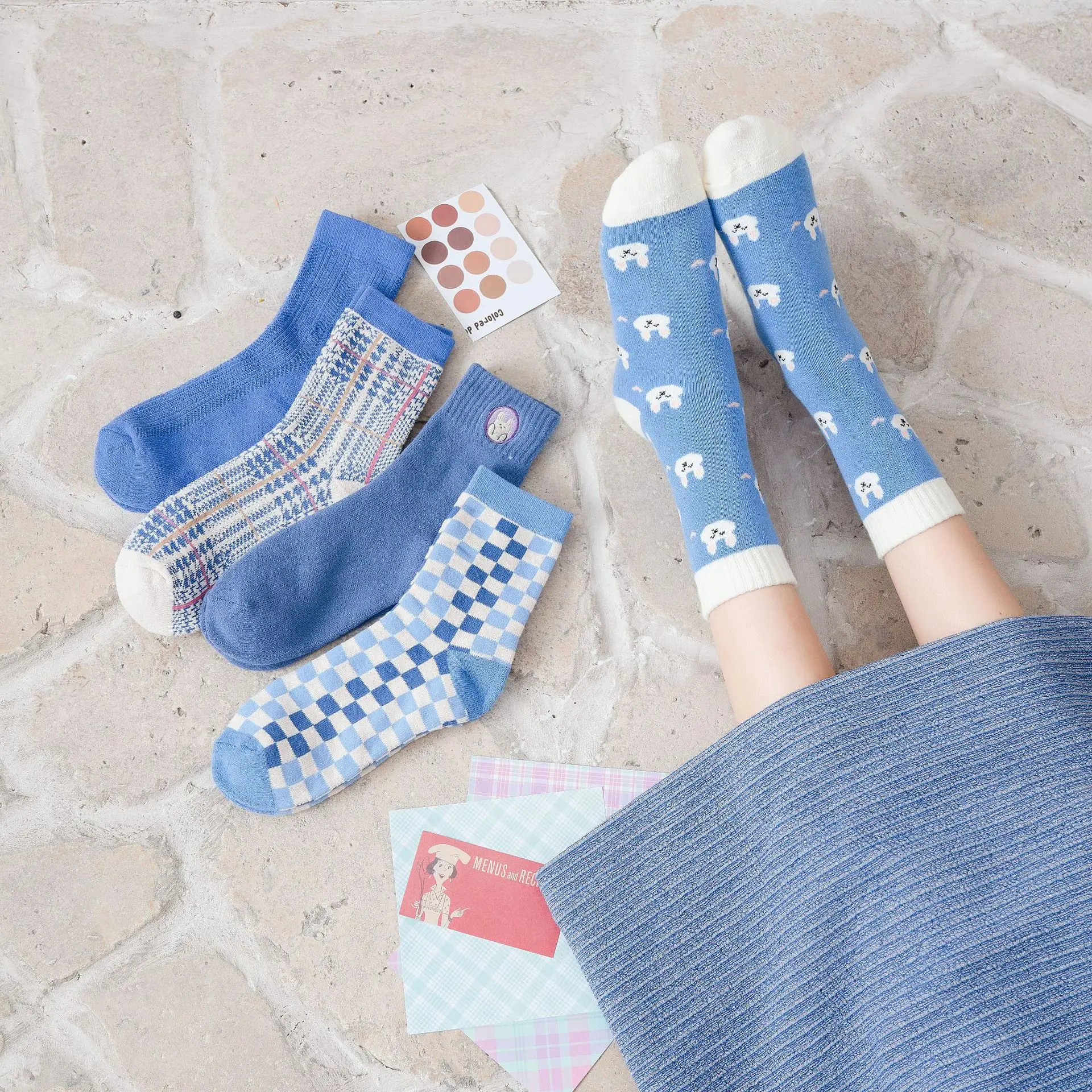 Winter Houndstooth Plaid Checker Jacquard Crew Socks Cotton Solid Knee High Floral Cherry Ankle Socks 5 Pairs/ Lot