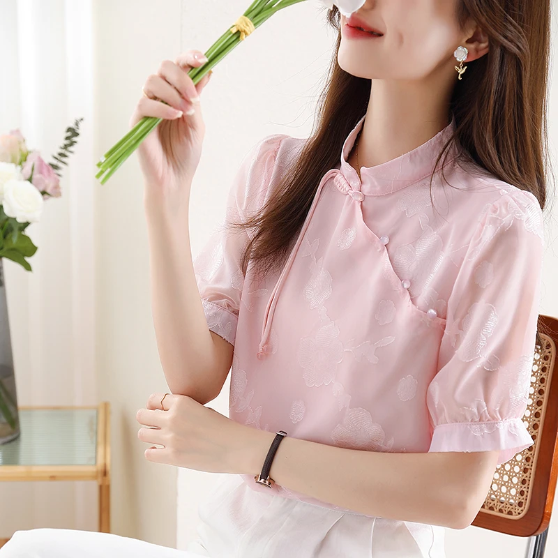 

Шифоновая рубашка для женщин, Новинка лета 2023, жаккардовые блузки в китайском стиле, облегающий винтажный топ с коротким рукавом-фонариком и круглым вырезом YCMYUNYAN