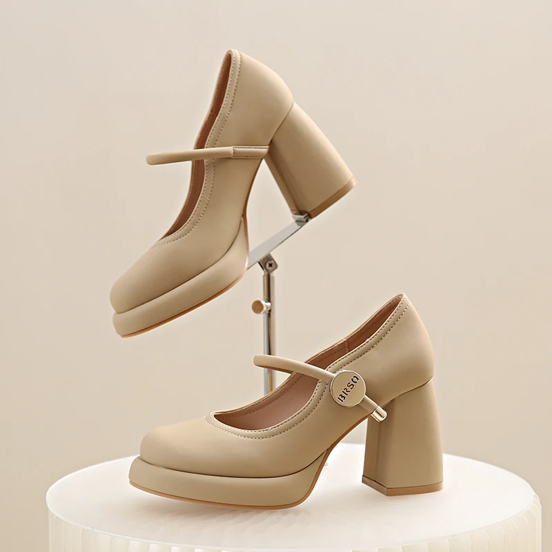 Женские туфли-лодочки из ПУ кожи с круглым носком на высоком массивном каблуке