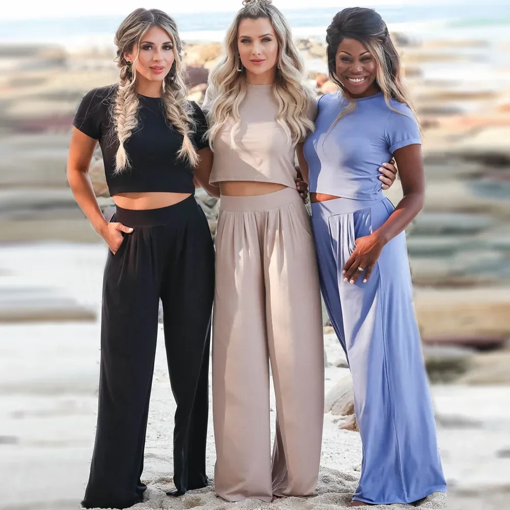 

2 Piece Outfits for Woman Tracksuit Clothing Short Sleeve Pullover Tops High Waisted Full Pants Two Piece Set Women 2023 Spring