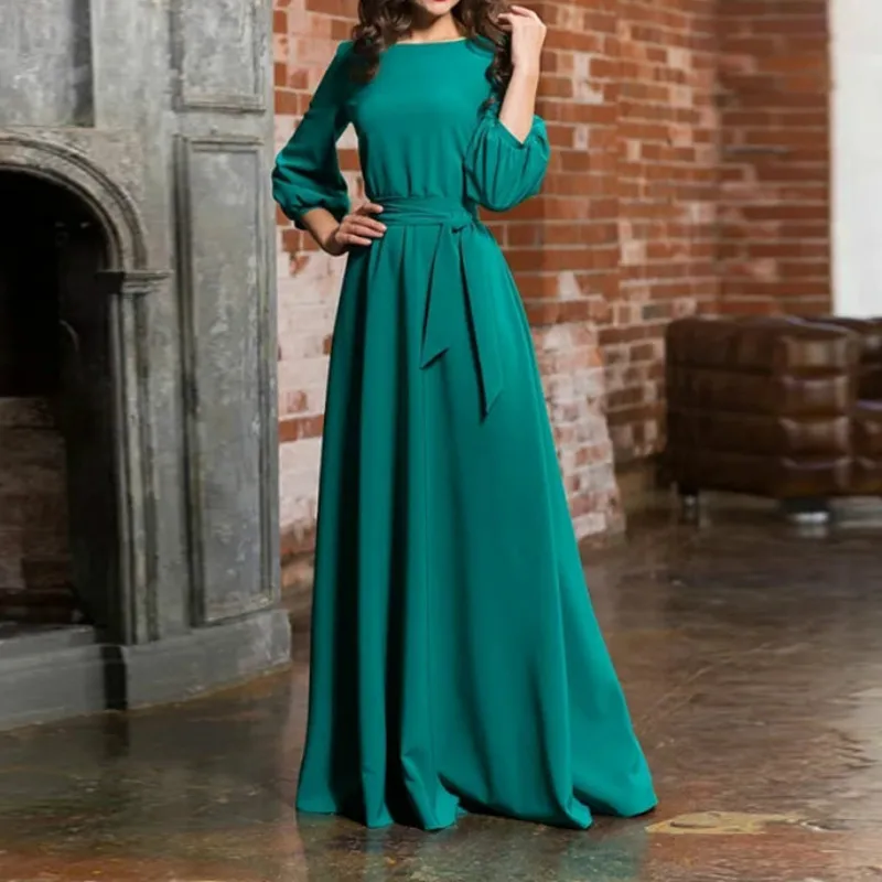 

2022 New Women's Spring and Autumn Elegant Party Dress Lantern Sleeve Belt O-neck Dress Ladies Fashion Long Party Dress S-2XL