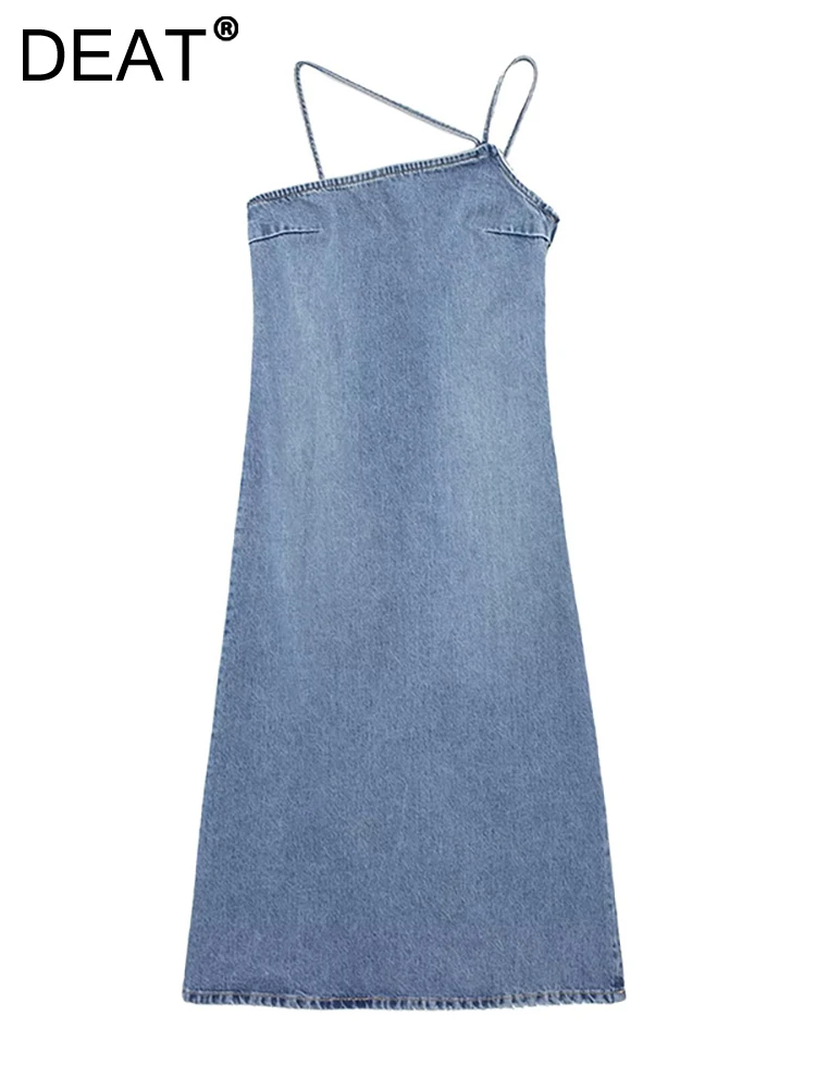 

DEAT Women Denim Dress Slim Strapless High Waist Patchwork Irregular Lace Up Solid Color Dresses 2023 Summer New Fashion 29L242H