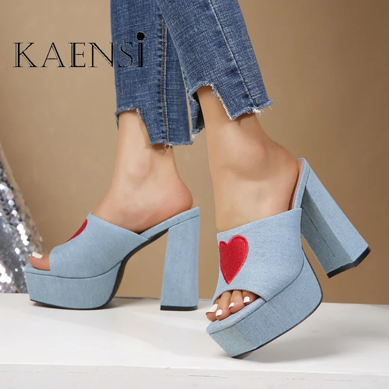Womens Shoe Fashion Summer  Slippers Open Toe Chunky Block Super High Heels Platform Modern Slides Party Date Heart Shoes Ladies