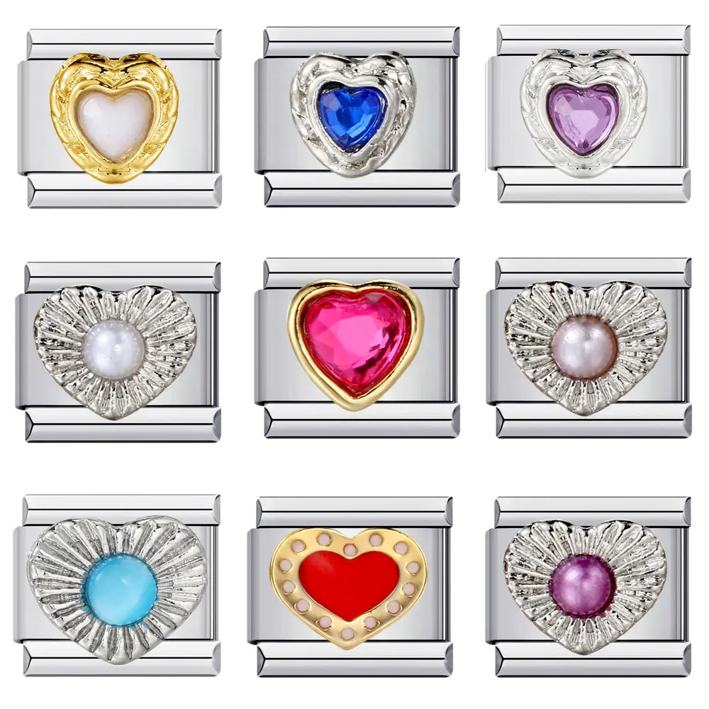 Semkeiyee Heart Love Italian Charm Link Браслет Красный Розовый Синий Циркон Подвески Подходит 9 мм