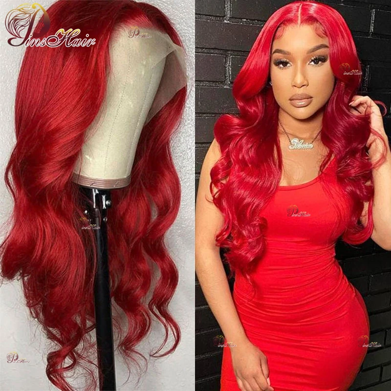 Hot Red Body Wave Lace Front Human Hair Wig 13X4 Transparent Lace Frontal Wigs India Remy Hair Wigs Pre Plucked For Women 180
