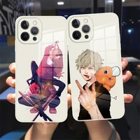 cute anime chainsaw man phone case for iphone 11 12 13 pro max x xr xs max 8 7 plus 13mini white tempered glass reflective case
