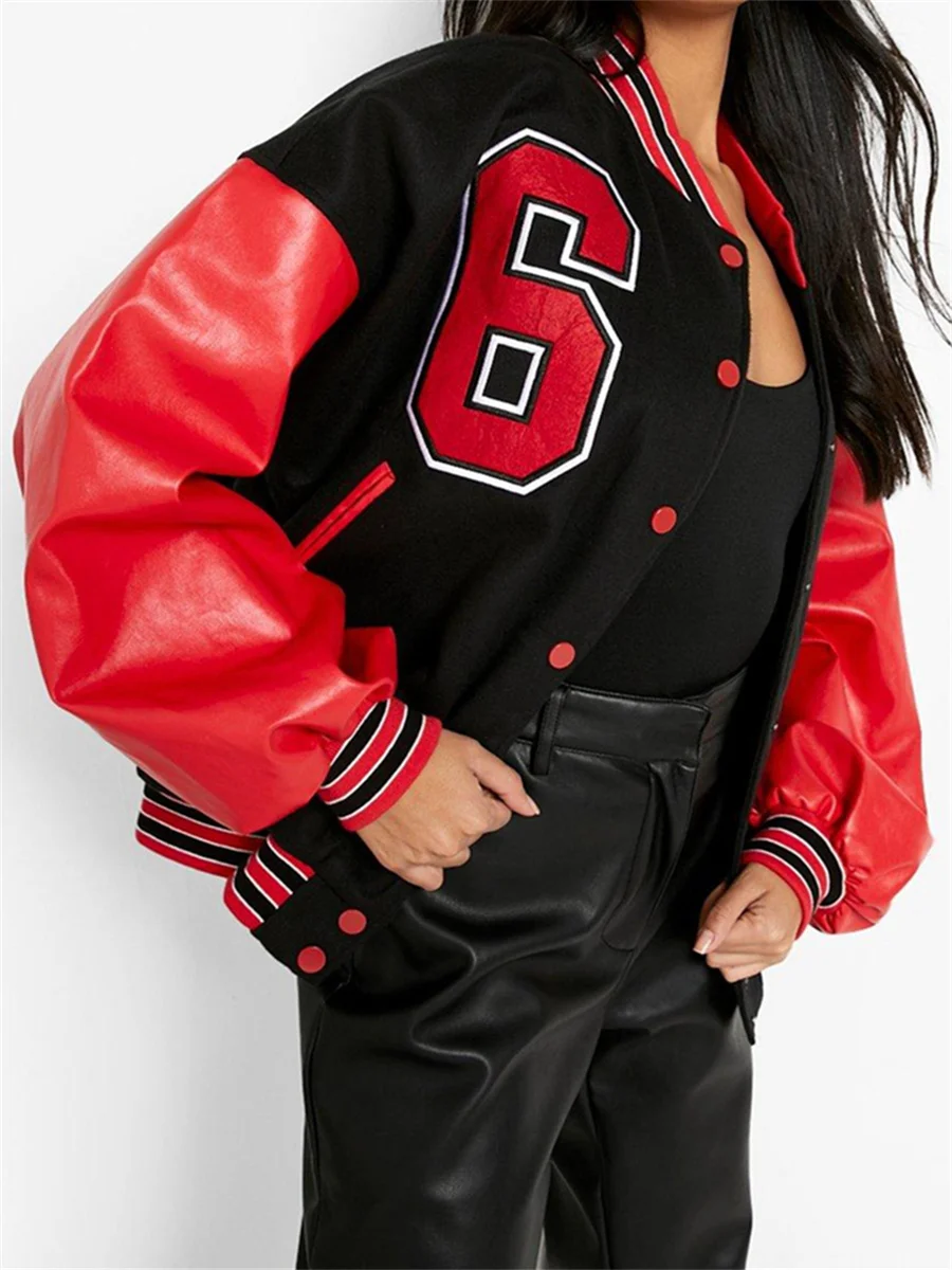 

Женская бейсбольная куртка-бомбер из ПУ кожи, с рукавом