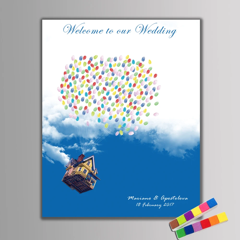 

Hot Fingerprint Signature Canvas Painting Wedding Guest Book Flying House Travel Around World For Wedding Party Baptism Birthday