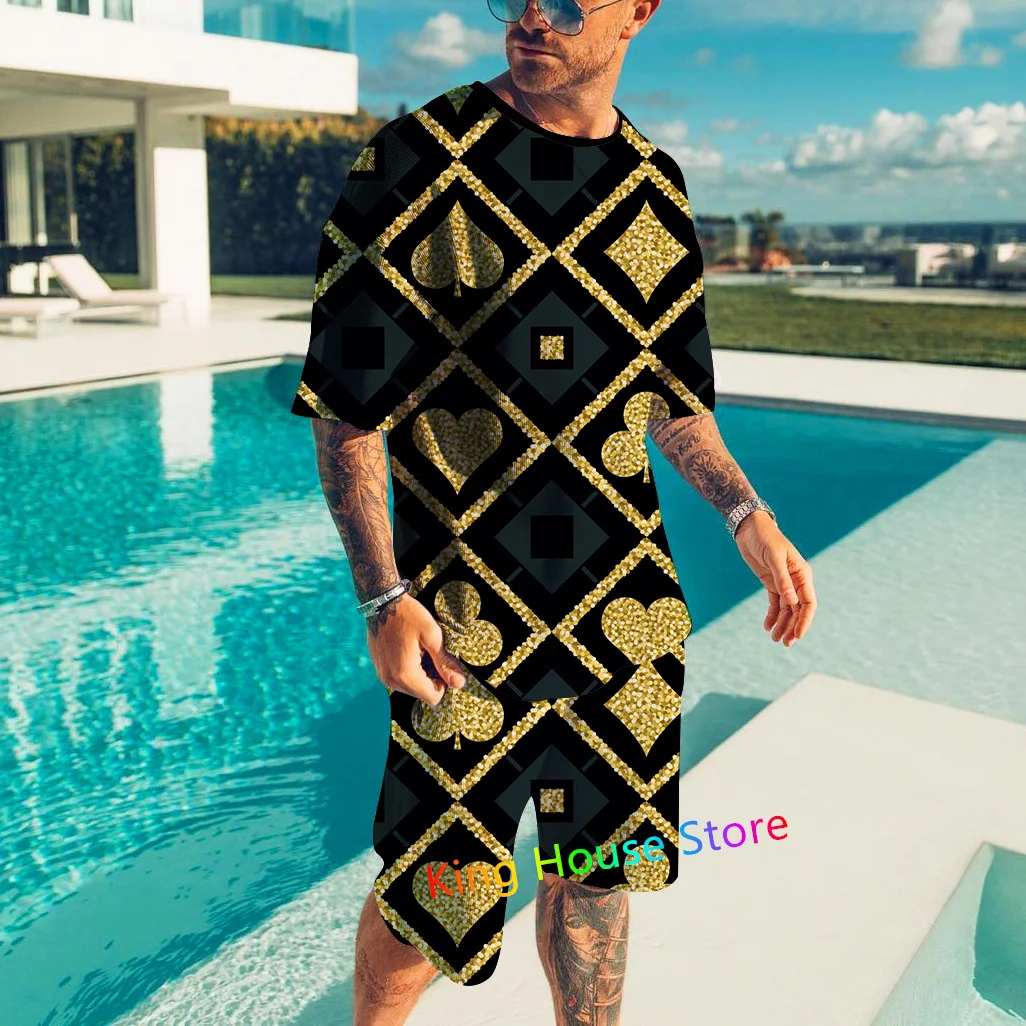 Men's Tracksuit Set New 3D Sportwear Fashion Poker Printed Short Sleeve Shorts 2 piece Tracksuit Male Clothing Suit Outfit Set