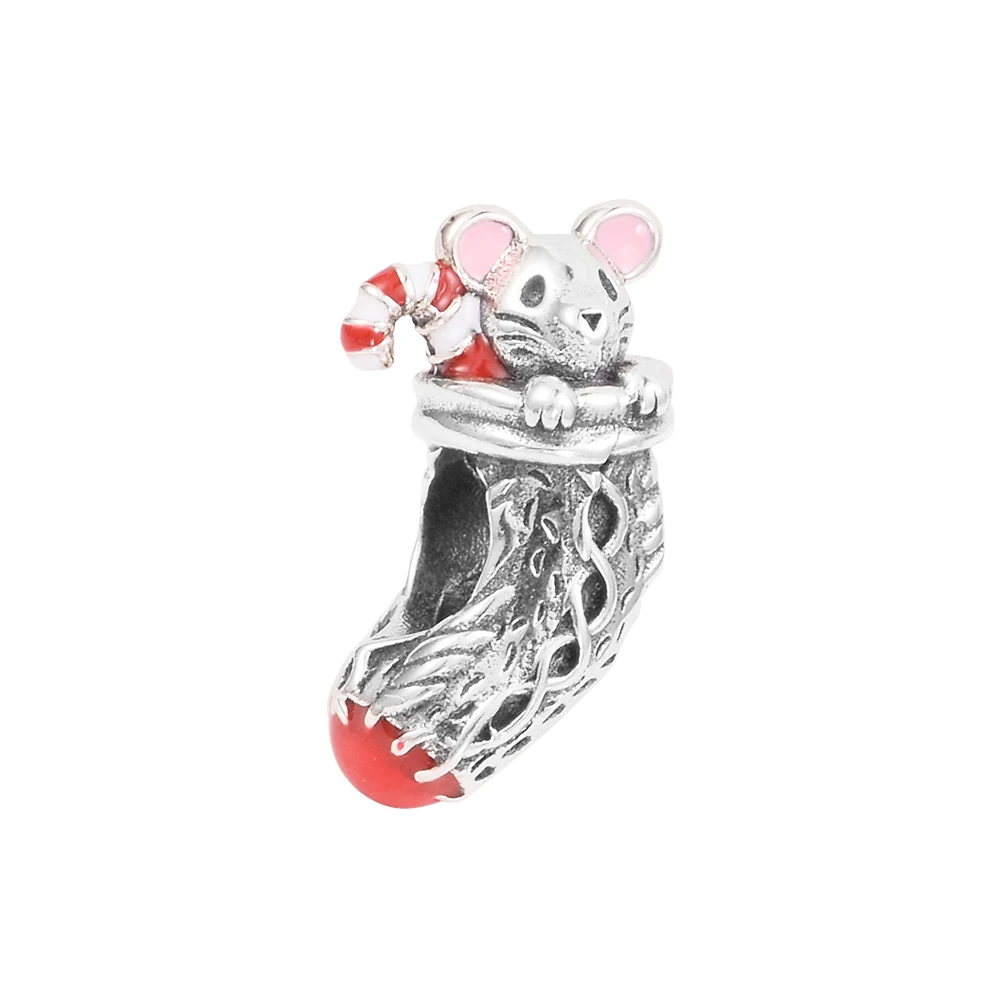 

Fits Pandora Bracelet Femme 925 Sterling Silver Festive Mouse & Stocking Charm DIY Jewelry Beads for Women Free Shipping