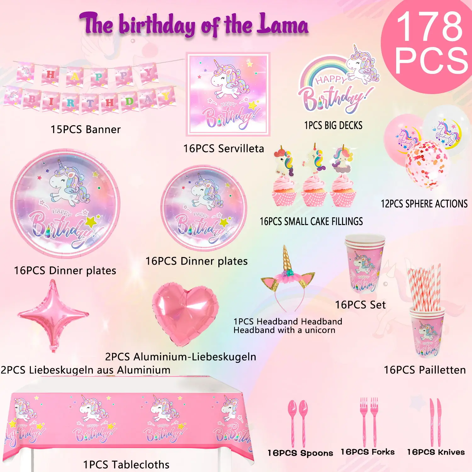 178 Шт. Набор Тематических Принадлежностей Для Вечеринок С Единорогом Девочек