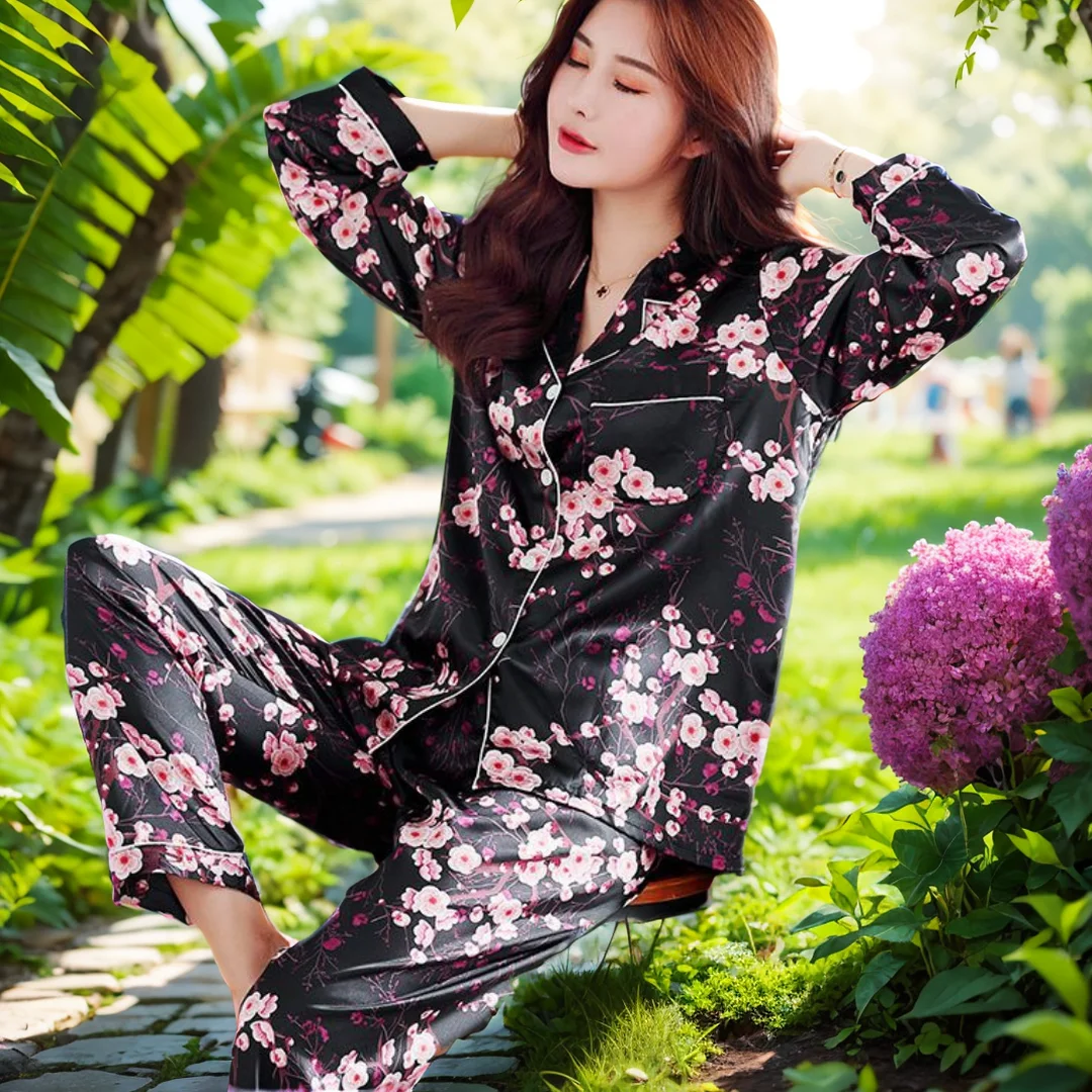 

Vintage Women's Pajamas Set - Homewear, Sexy Flower Print Pajamas Women, Sweet Full-Sleeve Fashion, Cozy Pyjamas, Big Size