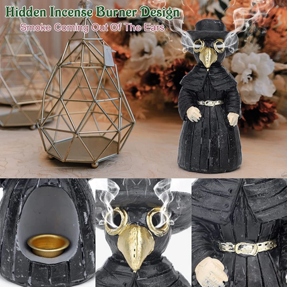 

Incense Burner Holder Plague Doctor Cone Burner Eyes Smoke Handmade Craft for Yoga Room Home Decoration Desktop Resin Ornament