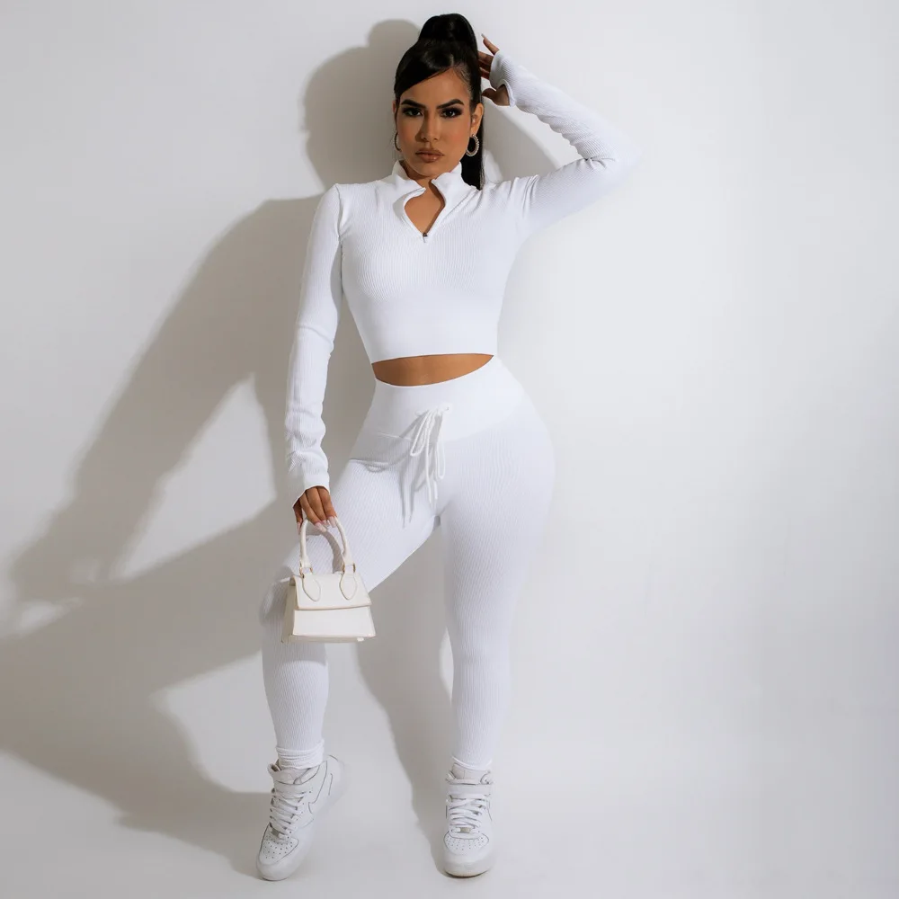 

2 Piece Set Long Sleeve Zipper Up Crop Top and Sports Trousers Fall Clothes Yoga Outfit Tracksuit Matching Sets