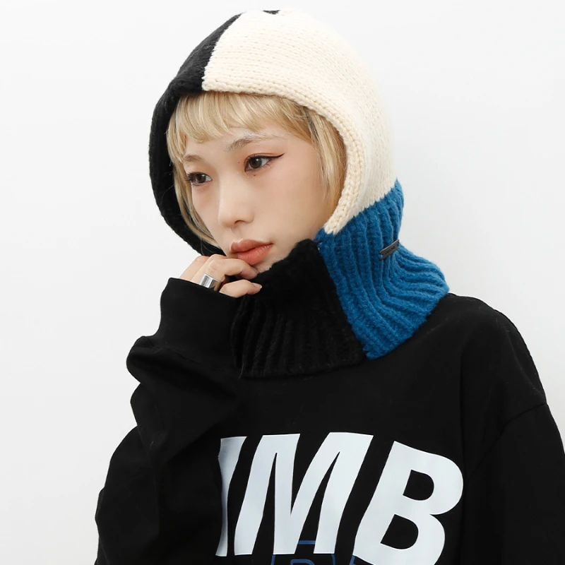 

Y2K Unisex Knitted Hooded Neck Collar Splicing Hats Cool Girl Hip-Hop Korean Fashion Brand Winter Womans Cap