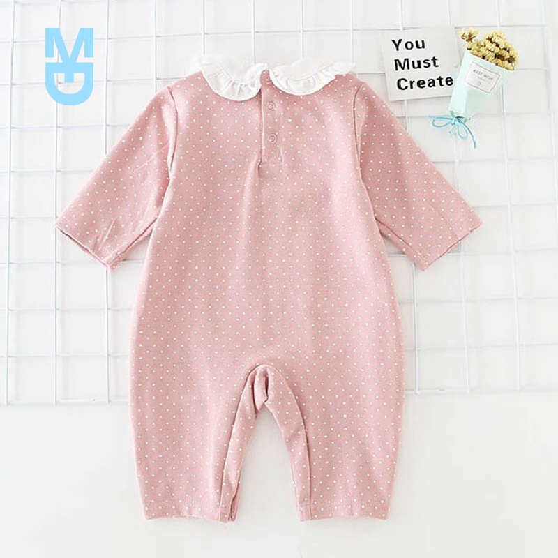 

New Cute Baby Girls Clothes Spring Autumn Cotton Peter Pan Collar Bodysuit With Headband Jumpsuit Outfits born Infant Clothes