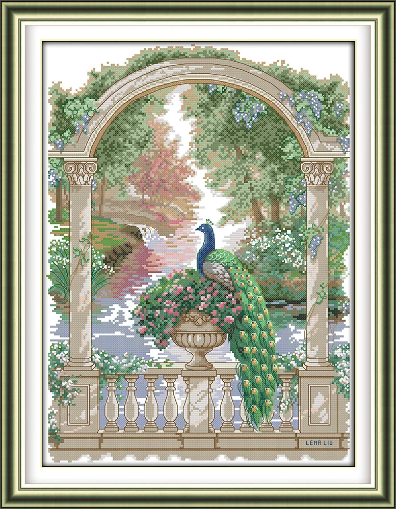 

Joy Sunday Pre-printed Cross Stitch Kit Easy Pattern Aida Stamped Fabric Embroidery Set- Green Peacock