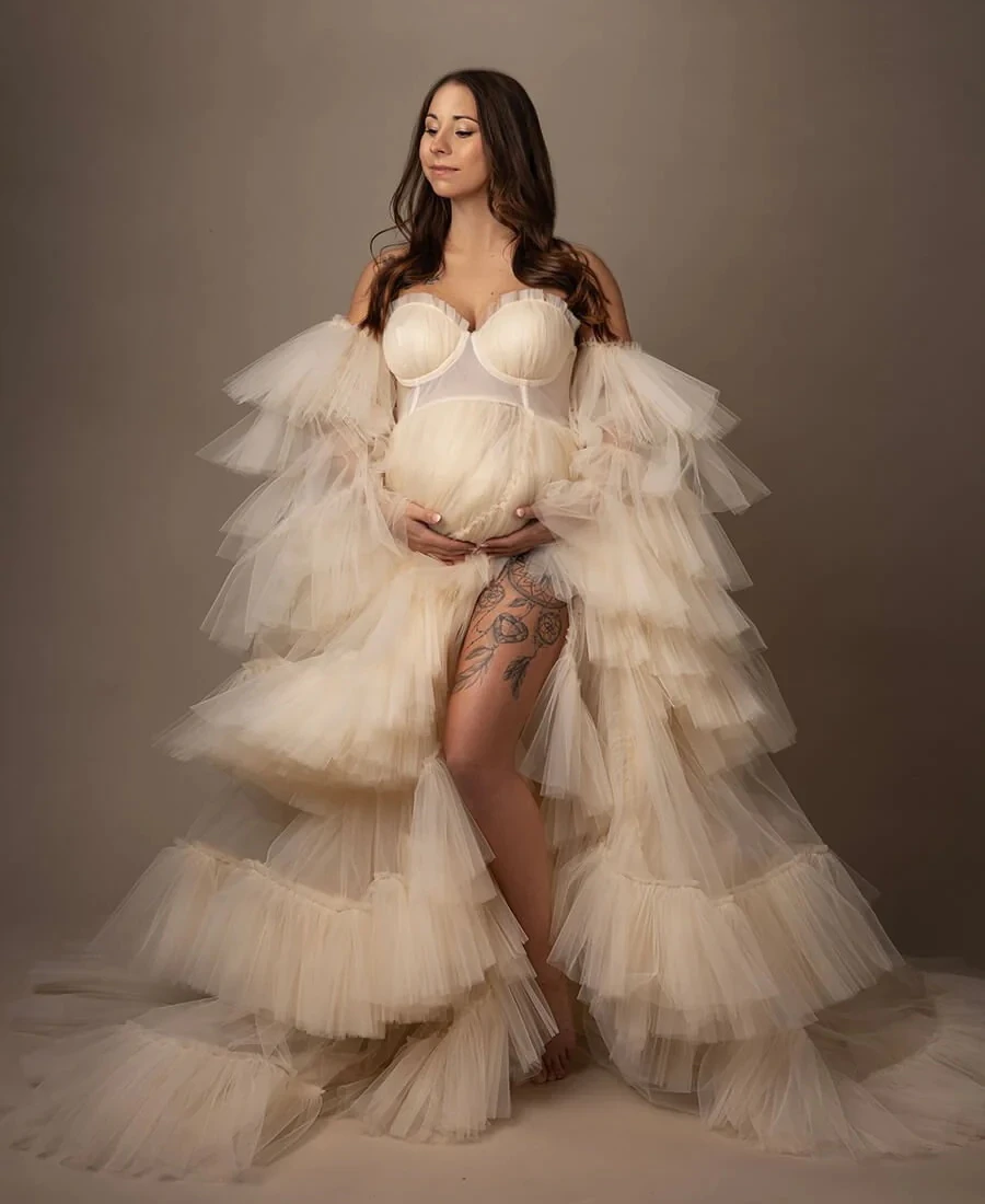 

Extra Fluffy Ivory Maternity Robes for Photo Shoot Tiered Ruffles Pregnant Women Dresses Removable Sleeves Baby Shower Gowns