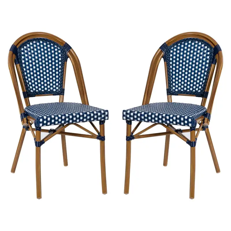 

Set of 2 Indoor/Outdoor Commercial French Bistro Stacking Chairs, Navy/White PE Rattan Back and Seat, Bamboo Print Aluminum Fram