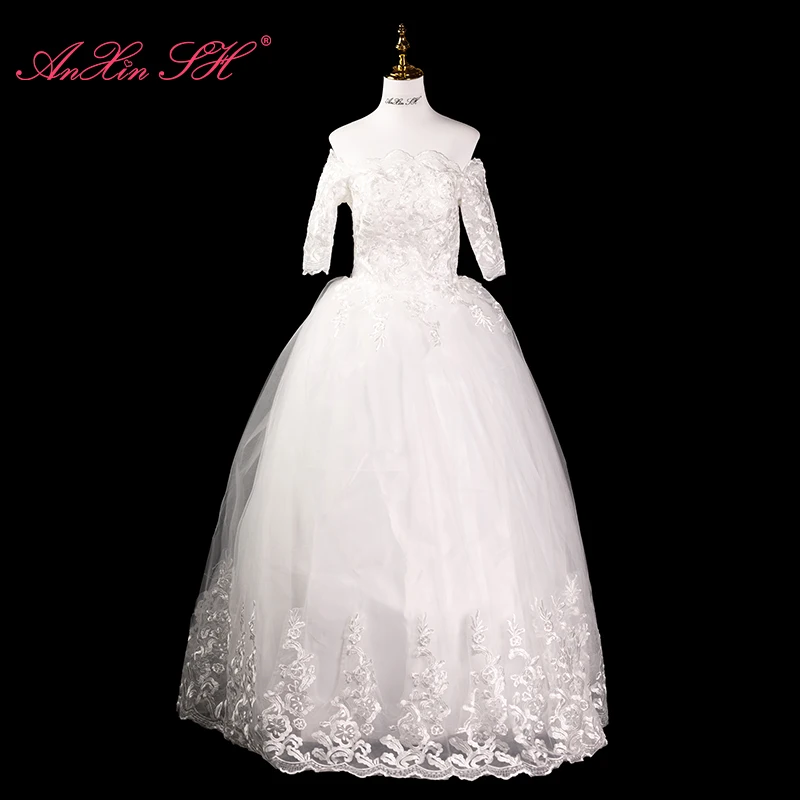 

Женское кружевное платье с оборками AnXin SH, белое кружевное платье принцессы с цветами розы, вырезом лодочкой и рукавом до локтя, свадебное платье для невесты