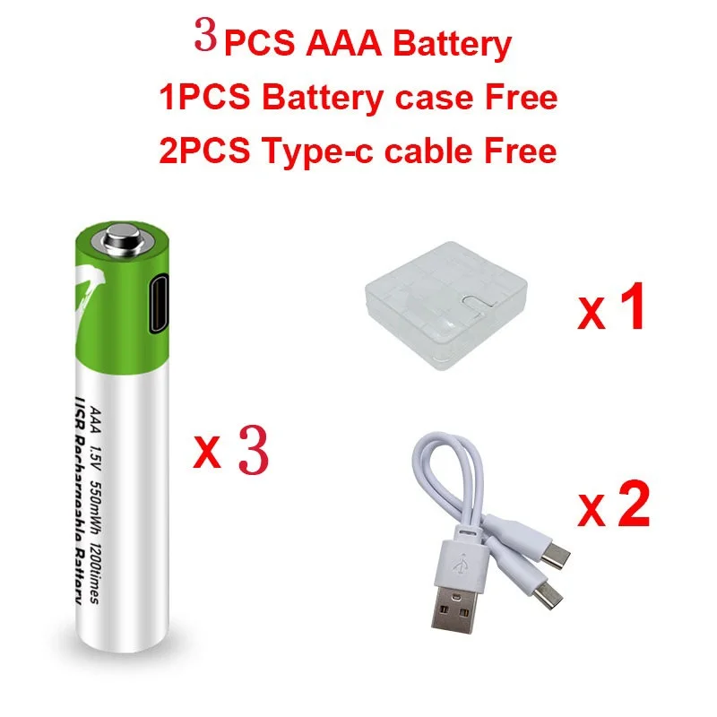 

3pcs High capacity 1.5V AAA 550 mWh USB rechargeable li-ion battery for Remote control wireless mouse + Cable