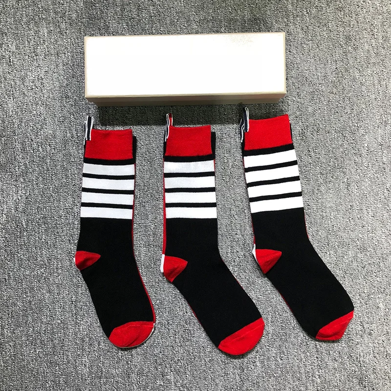 

TB THOM Men's Socks Luxury Brand Multicolor Socks Women's 4-Bar Stripes Cotton Street Fashion Wholesale TB Stockings Ins 3 Pairs