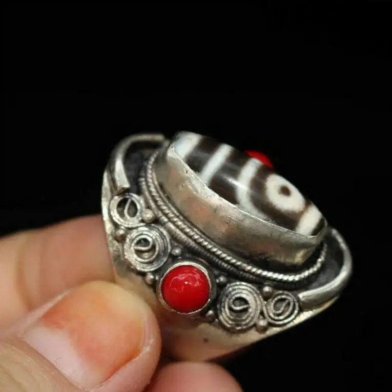 

1.18" Collect China Exquisite Pure Silver Inlay Red Coral Beads Tianzhu Dzi Ring
