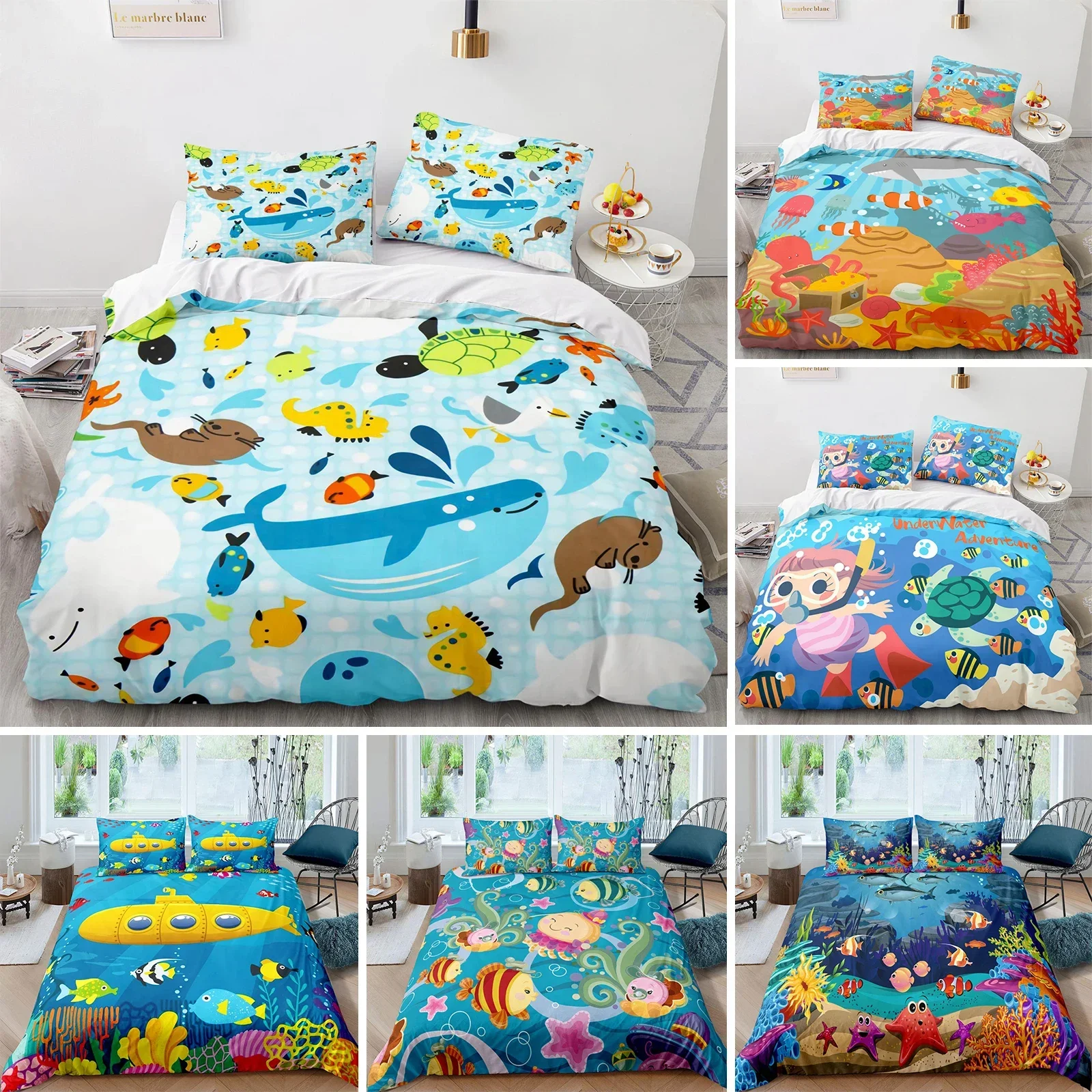 Cartoon Octopus Bedding Set King/Queen Size Ocean Underwater World Duvet Cover Kids Sea Coral Fish 2/3pcs Polyester Quilt