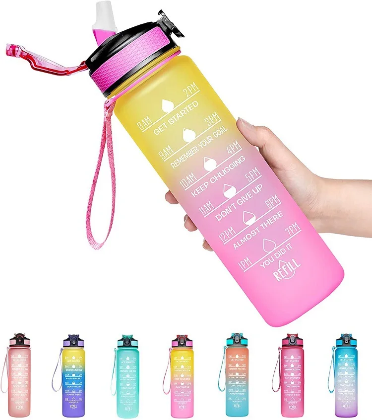 

1000ml Gradient Plastic Water Bottle tritan Space Cup Bounce Cover Frosted Straw Cup with Time Scale BPA Free