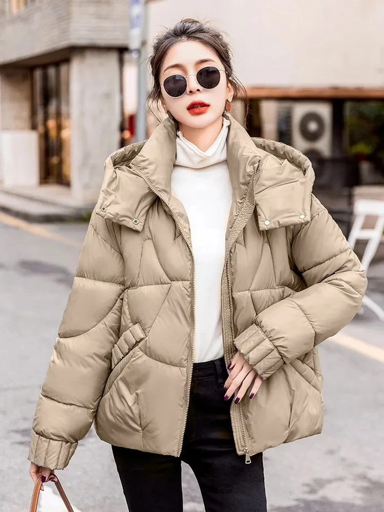 

New Short Hooded Cotton Clothes Thicken Warm Winter Puffer Jacket Women Casual Loose Outwear Female Solid Parkas Padded Coat