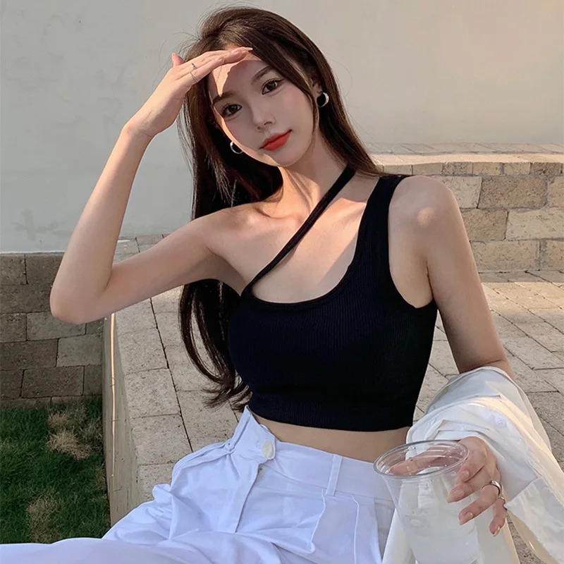 Кроп-Топ женский на одно плечо футболка без рукавов Пляжная майка с открытым