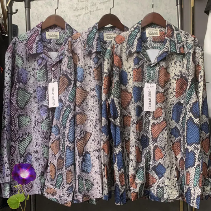 

Vintage WACKO MARIA Shirt Contrast Snakeskin Pattern Long-sleeved Cardigan Full Print Pocket Men Women Hawaiian Shirts