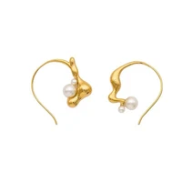 brass irregular faux pearl hoop earrings women jewelry punk hiphop designer runway rare simply gown boho top japan korean
