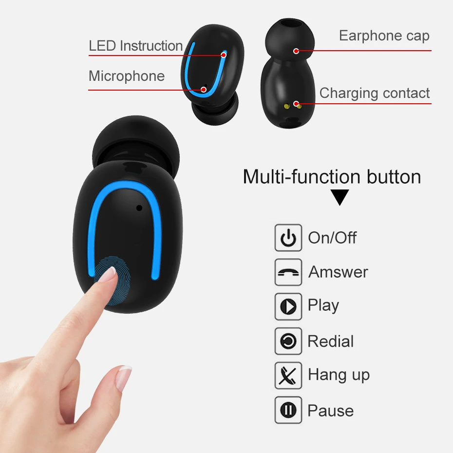 

TWS Bluetooth 5.0 Headset Mini Twins Wireless Stereo Earphone In-Ear Earbud Charging Box with Mic for IOS Andorid