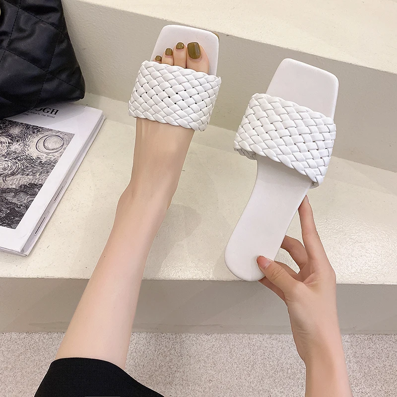 Women's Slippers PU Flat Slides Summer Shoes Women Fashion Gingham Square Toe Slip-On Slippers Beach Sandals Casual Ladies Shoes