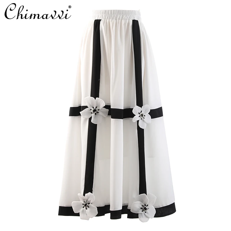 

Contrast Color Beaded 3D Flower Elastic Waist Skirt Female European 2022 Summer New Fashion Temperament Slimming Midi Skirts