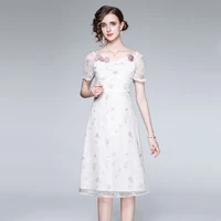 womens summer new high end temperament french square neck three dimensional flower violet mesh embroidery printed dress